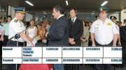 El vicegobernador y vicepresidente del PJ de Entre R&iacute;os, Jos&eacute; C&aacute;ceres, tom&aacute;ndole juramento a Massuh (izq.) en diciembre de 2011. Ad&aacute;n Bahl y Rosatelli miran la escena (der.).